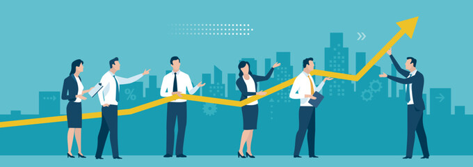 Wall Mural - Together for success. A group of business people lifting a business curve. Business vector illustration.
