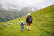 © Anna - Father and sons hiking together, view from the back, long walk, summer activities for family in the mountains.