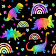 Rainbow colored dinosaurs, rainbows, flowers seamless pattern. Cute cartoon dino for kids design. Watercolor character jurassic animals repeating black background. Childish beautiful backdrop