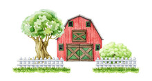 Red Barn Edged With White Fence, Big Tree And Bush. Watercolor Illustration. Farm And Countryside Element. Red Wooden Barn Edged With White Fence And Green Grass And Trees. White Background