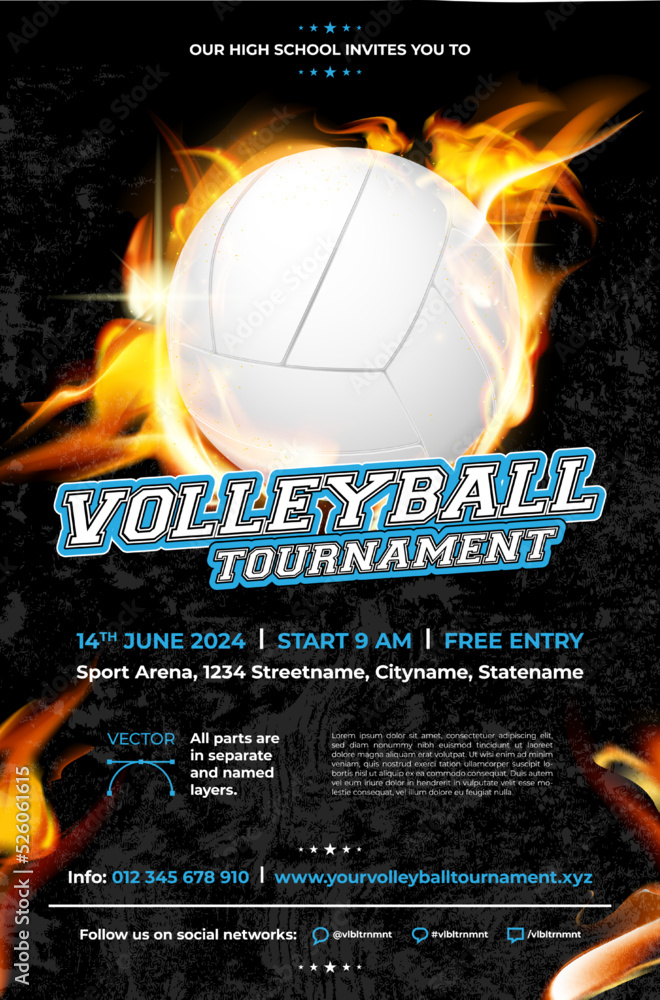 Volleyball tournament poster template with ball on fire Stock Vector | Adobe Stock volleyball-tournament-poster-template-with-ball-on-fire-stock-vector-adobe-stock