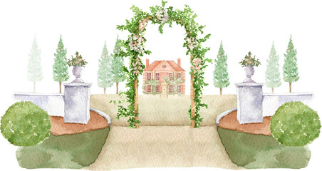 Watercolor wedding arch landscape, wedding venue village design, manor house, rustic wedding, invitation background, vintage architecture, arches, garden, greenery, flowers