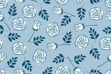 Blue Flower Roses Pastel Vintage Nature Doodle Pattern