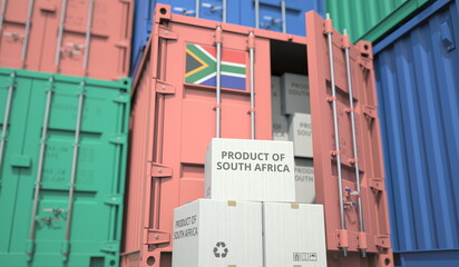 Wall Mural - Cargo containers and boxes with products from South Africa. National industry related conceptual 3D rendering