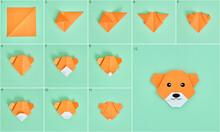 Origami Bear. Step-by-step Photo Instruction On A Green Background. DIY Concept