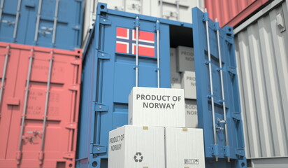 Wall Mural - Cargo containers and boxes with products from Norway. National industry related conceptual 3D rendering