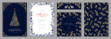 Elegant Navy Blue And Gold Cards. Luxury Corporate Holiday Cards With Ornate Christmas Tree, Reindeers, Bird, Decorative Floral Frames, Background And Copy Space.