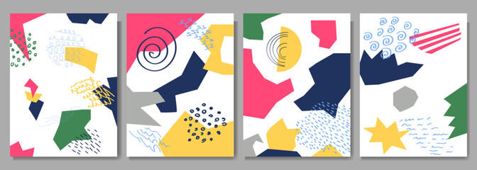 Wall Mural - Vector illustration. Hand drawn polygonal backgrounds set. Cartoon triangle shapes. Memphis pattern. Design elements for poster, postcard, book cover, magazine, layout, brochure, flyer, page, card