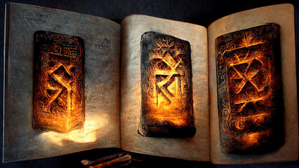 Wall Mural - Runes, stone, cuneiform, Celtic patterns, magic books. Artifacts. Ai.