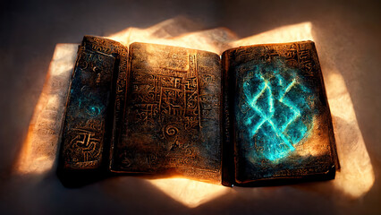 Runes, stone, cuneiform, Celtic patterns, magic books. Artifacts. Ai.