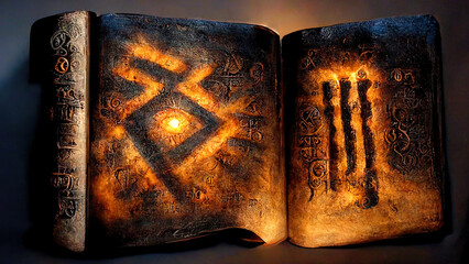 Wall Mural - Runes, stone, cuneiform, Celtic patterns, magic books. Artifacts. Ai.