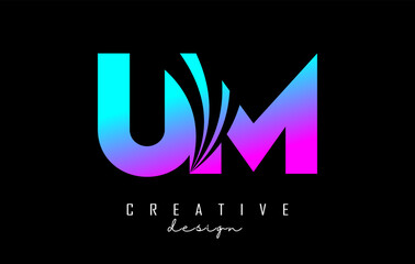 Creative colorful letters UM u m logo with leading lines and road concept design. Letters with geometric design.