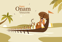 Illustration Of King Mahabali And Rowers In A Snake Boat Celebrating Onam . Onam Is A Harvest Festival In Kerala, India