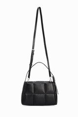 Wall Mural - Blank Women Black Leather Handbag Isolated on White Background. Female handle shoulder bag hanging with long strap, belt. Top front view. Template, mock up. 