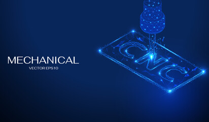 Abstract low poly CNC milling, cutting industrial technology. Mechanical mesh digital wireframe isometric layout concept vector. Blue scifi futuristic background.