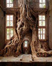 Wooden House Built Inside A Big Tree