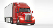 3D Illustration Of Red Sleeper Semi Truck On The White Background.