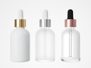 Wall Mural - three different cosmetic serum dropper bottles 3d render, care product packaging
