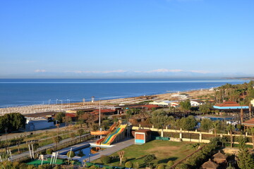 Wall Mural - Aerial View Of The Beach On Turkish Riviera. Evrenseki, Side, Mediterranean Sea Coast, Touristic Beach Antalya