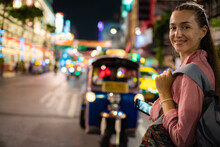 Solo Tourist Women Travel Take Photo At Night Street City Travel