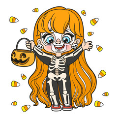 Cute cartoon long haired girl in a Halloween skeleton costume with pumpkin for sweets color variation for coloring page on white background