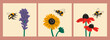 Puffy bumblebees or Bees flying near various flowers. Bee collects pollen. Spring, summer, nature concept. Set of three hand drawn modern Vector illustration. Logo, print, design template