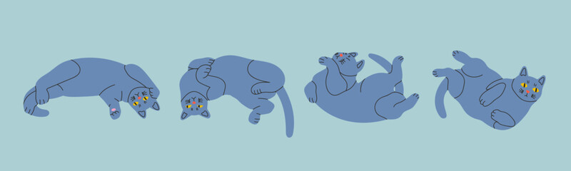 Blue lazy playful Cats lying in various poses. Uncomfortable positions. Funny cute characters set. Hand drawn modern Vector illustration. T-shirt print, poster, sticker, card, logo design template