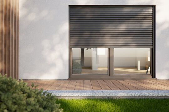 Window roller - modern house with terrace, 3D illustration