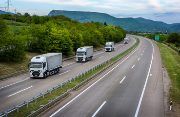 Wall Mural - Four White trucks in line on a country highway
