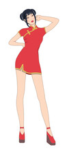 Chinese Girl With Long Legs. Beautiful Woman With Red Qipao. Chinese Model Vector Illustration. Qipao Dress. Wearing Cheongsam Dress. Slim Model Figure. Beautiful Asian Girl. Double Buns And Bang.