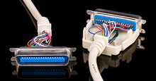 White Data Cables Of Open Male Connectors With Reflection On Black Background. Close-up Of Two Cords With Colored Insulated Wire Conductors Bundles Inside Obsolete Computer Printer Parallel Interface.