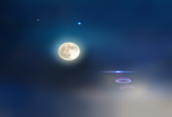 Wall Mural - cosmic light star flares and starry night blue sky and big moon background