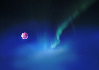 Wall Mural - cosmic light star flares and starry night blue sky and big moon background