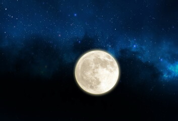 Wall Mural - cosmic light star flares and starry night blue sky and big moon background