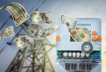 Electricity meters with flying dollar banknotes and high voltage tower outdoors at sunset. Paying bills