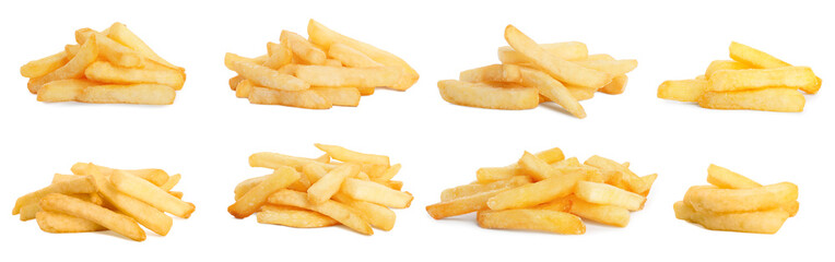 Set of delicious french fries on white background. Banner design