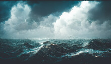Spectacular Background Image Of Stormy Ocean With Rough And Danger Wave. Dark Sky And Cloudy. Digital Art 3D Illustration.