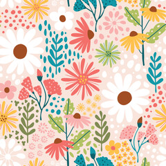 Sticker - Colorful Flowers Seamless Pattern in hand drawn style and pastel color