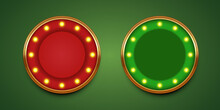 Round Blank Background For Casino. Empty Background For Placing Elements On The Theme Of The Casino. Red And Green Luxury Background With A Brown Wooden Frame And Light Bulbs In A Circle.