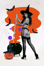 Collage Photo Of Young Nude Attractive Witch Wear Lingerie Stockings Seduce Brew Potion Isolated On Drawing Background