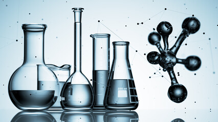 Wall Mural - glass chemistry lab equipment on blue background. chemistry lab concept. 3d