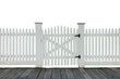 Old white picket fence with gate and wood sidewalk isolated on white background