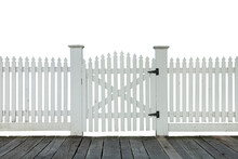 Old White Picket Fence With Gate And Wood Sidewalk Isolated On White Background