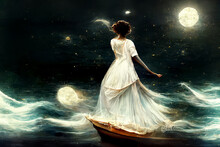 Fantastic Illustration Of A Woman Standing On A Boat In The Open Sea With Strong Waves Reflecting A Magically Starry Sky Lit By The Full Moon