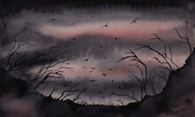 Illustration Dreamy Magic Landscape With Birds Pale Pink