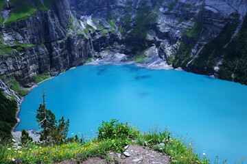 Poster - Oeschinen Lake (Oeschinensee) in  Kandersteg, the Bernese Oberland, Switzerland, part of the UNESCO World Heritage Site