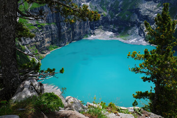 Sticker - Oeschinen Lake (Oeschinensee) in  Kandersteg, the Bernese Oberland, Switzerland, part of the UNESCO World Heritage Site