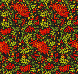 Vector seamless pattern in traditional russian style. Seamless pattern background with rowanberry for fabrics, wallpaper, interior, wall-coverings.