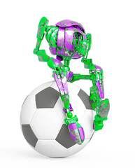 out of date robot is sitting on the football ball in white background