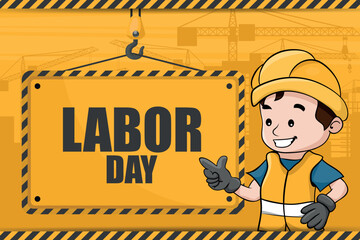 Sticker - Industrial labor day background with telescopic crawler crane carrying a sign and worker in his personal protective equipment